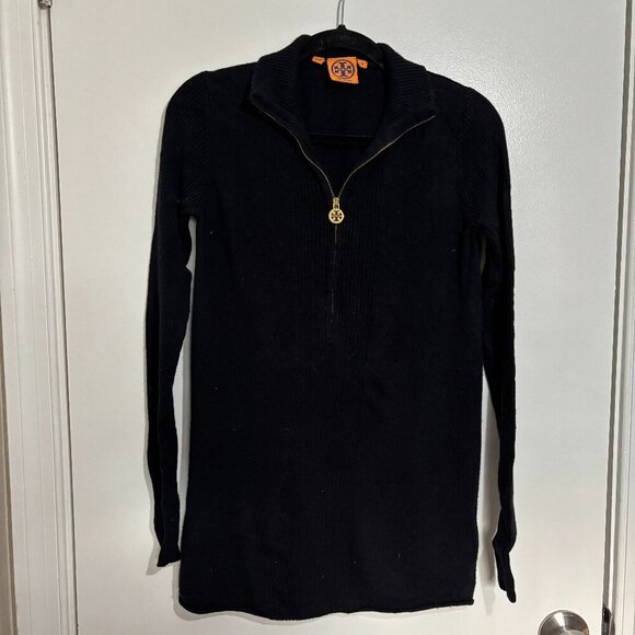 Tory Burch Cashmere Wool Blend Half Zip Sweater with Logo Pull Medium Black - Picture 1 of 5